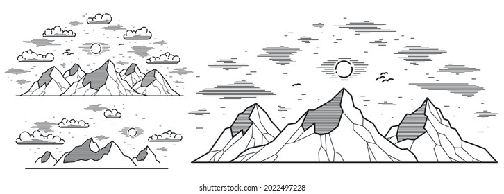 Mountain Peaks Line Art Vector Illustration Isolated On White, Linear Illustration Of Mountains Range Wild Nature Landscape, Outdoor Hiking Camping Ant Travel Theme.