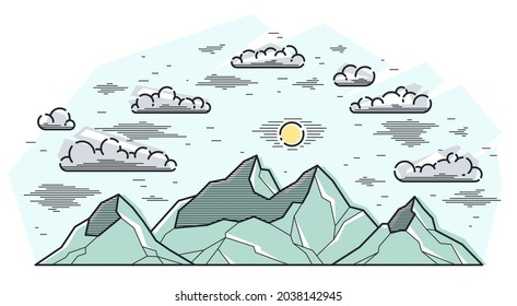 Mountain peaks line art vector illustration isolated on white, linear illustration of mountains range wild nature landscape, outdoor hiking camping ant travel theme.