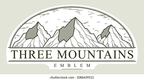 Mountain peaks line art vector emblem isolated on white, linear logo of mountains range wild nature landscape, outdoor hiking camping ant travel label.