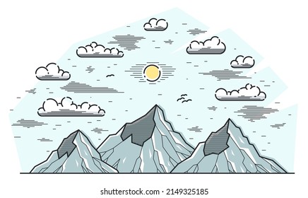 Dibujo vectorial de la línea de altibajos de montaña aislado en blanco, ilustración lineal de montañas que abarca paisajes naturales silvestres, temática de viaje de camping al aire libre.