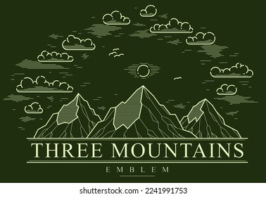 Mountain peaks line art vector emblem on dark, linear illustration of mountains range wild nature landscape, outdoor hiking camping ant travel logo.