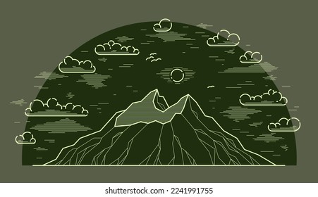 Masa de montaña ilustración vectorial de la línea de arte de la montaña sobre la oscuridad, ilustración lineal de las montañas que abarca el paisaje natural silvestre, excursionismo al aire libre tema del viaje de hormigas.