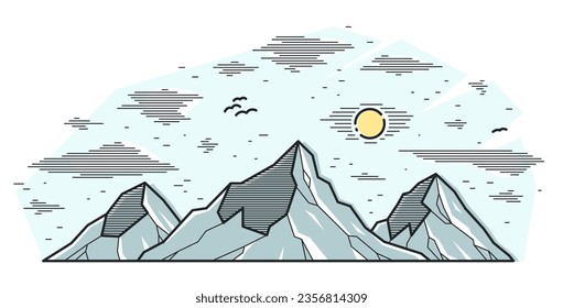 Mountain peaks line art vector illustration isolated on white, linear illustration of mountains range wild nature landscape, outdoor hiking camping ant travel theme.