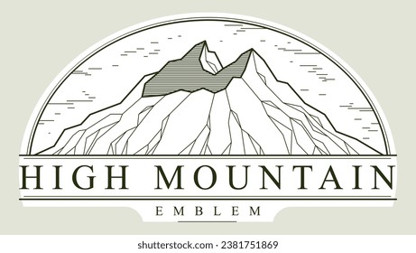 Mountain peaks line art vector emblem isolated on white, linear logo of mountains range wild nature landscape, outdoor hiking camping ant travel label.
