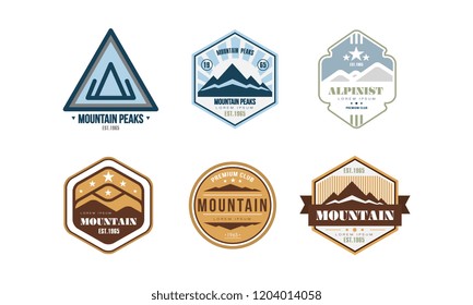 Mountain peaks logo design set, camping, mountain expedition, hiking vintage labels vector Illustration on a white background