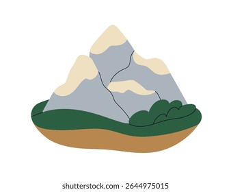 Mountain peaks, nature landscape icon. Snow-covered rocks, alps ridge, mounts with rocky slopes, cliffs, trees. Travel, outdoor adventure. Flat vector illustration isolated on white background