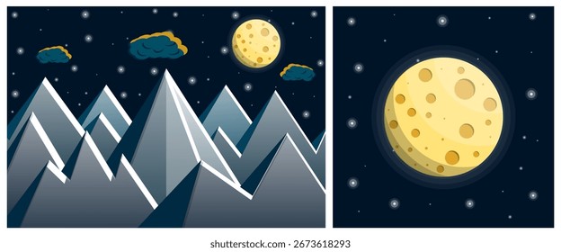 Mountain peaks at night with full moon and stars in the sky. Flat style vector illustration for nature and landscape concept.