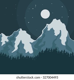 Mountain peaks at night with full moon, vector illustration
