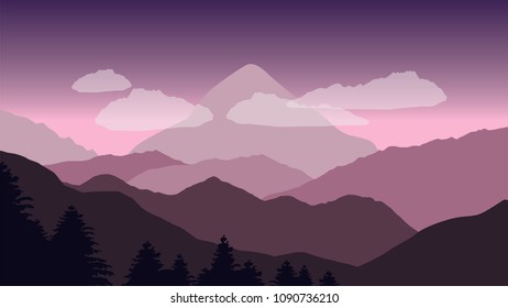 mountain peaks partially covered with clouds, surrounded by mountains, with a purplish sky. vector design