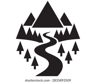 Mountain peaks and pine forest landscape icon with a winding river vector illustration mountain landscape silhouette wilderness adventure environment recreation evergreen minimalist waterway