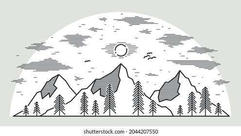 Mountain peaks and pine forest line art vector illustration isolated on white, linear illustration of mountains range wild nature landscape, outdoor hiking camping ant travel theme.