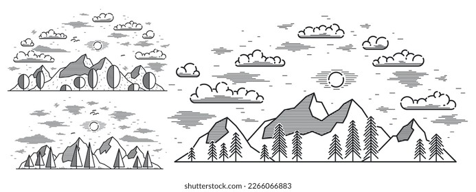 Mountain peaks and pine forest line art vector illustration isolated on white, linear illustration of mountains range wild nature landscape, outdoor hiking camping ant travel theme.