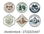 Mountain peaks, Pine trees, Cooking, Camping, Campfire, Backpack, Compass, Mapping, Folding chair badge vector illustration template graphic design collection for adventure and outdoor merchandise