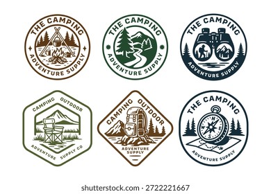 Mountain peaks, Pine trees, Cooking, Camping, Campfire, Backpack, Compass, Mapping, Folding chair badge vector illustration template graphic design collection for adventure and outdoor merchandise