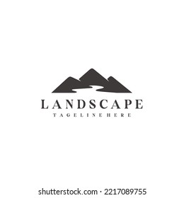 Mountain peaks river minimalist landscape hills logo design	