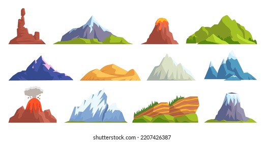 Gebirgsspitzen setzen sich zusammen. Verschiedene schneebedeckte Berge, Hügellandschaft, Eisberg, Naturlandschaft. Camping- und Wanderkonzept. Outdoor-Reisen, Abenteuer, Tourismus, Klettern Design Elemente. Vektorgrafik