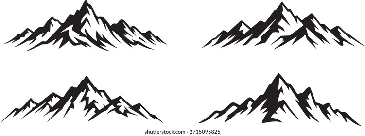 Conjunto de Vector de silueta de picos de montaña. Cuatro Diseños gráficos estilizados únicos para aventura, logotipo, naturaleza salvaje y marca al aire libre. Diseño del logotipo, camisetas, emblemas aislados en un fondo blanco.