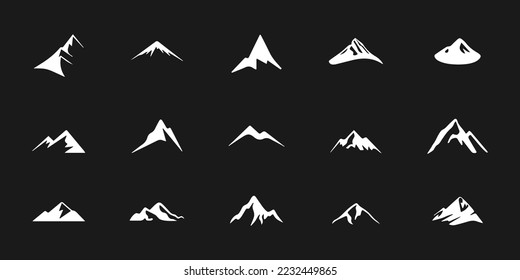 Mountain peaks silhouettes. Isolated rocky mountain. Mountain, rock, hill, peak logos. Vector stock illustration.