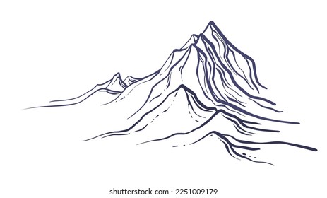 Mountain peaks, sketch. Vector illustration in engraving style. Hand drawn background. Graphic landscape. Extreme sport, hiking, rock climbing