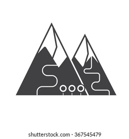 Mountain peaks with ski tracks vector outline icon.  Winter resort hill slopes with wood black and white silhoette pictogram for web and applications