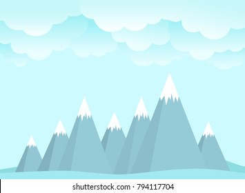 mountain peaks and sky background. success, high results symbol. Landscape with  mountains, rocks and clouds.  extreme travel concept. Flat vector illustration in cartoon style. EPS 10