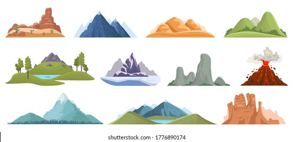 Mountain peaks. Snow ice tops, green hills and volcano outdoor landscape, hiking, climbing mountain valley view vector illustration set. Mountain rocky, top terrain, wild outdoor peak