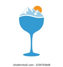 mountain peaks and sun inside wine glass, vector