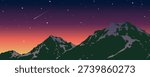  Mountain peaks at sunset under starry night sky with shooting star, colorful orange to purple gradient horizon, scenic nature flat vector illustration.