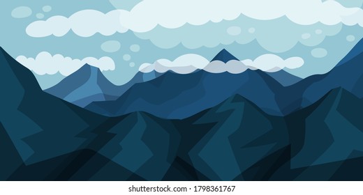 Mountain Peaks or Tops and Clouds Horizontal Landscape Vector Illustration