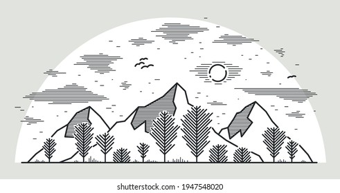 Mountain peaks and trees forest line art vector illustration isolated on white, linear illustration of mountains range wild nature landscape, outdoor hiking camping ant travel theme.