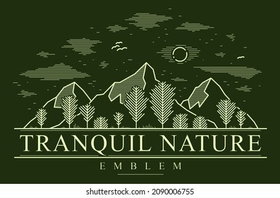 Mountain peaks and trees forest line art vector emblem on dark, linear illustration of mountains range wild nature landscape, outdoor hiking camping ant travel logo.