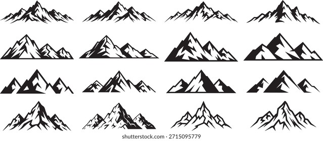 Picos de la colección de Vector. Silueta robusta y conjunto de arte de línea para logotipos de aventura y gráficos al aire libre. Emblemas de senderismo, marca de deportes extremos e ícono de gráficos de viajes por la naturaleza.