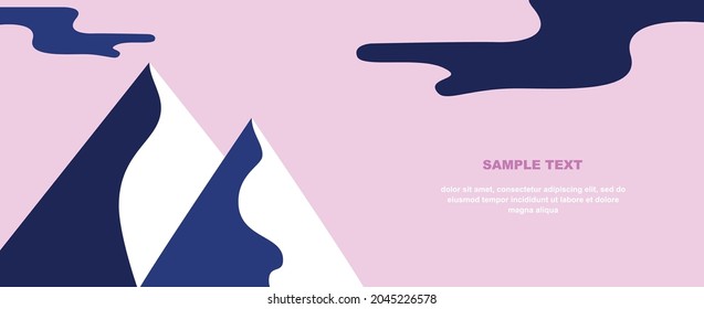 Mountain peaks. Vector design template with copy space. Hight contrast landscape with two mountain peaks and wavy clouds on pink background. Flat design