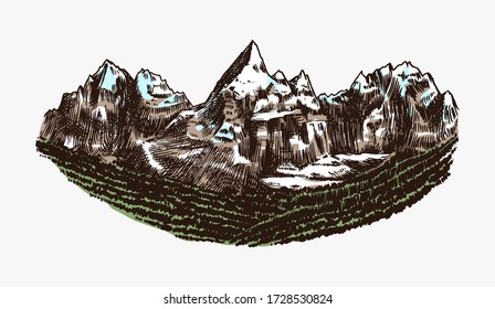 Mountain peaks, vintage rock, old highlands range. Hand drawn vector outdoor sketch in engraved style. Vector illustration for Hiking card, climbing banner, tattoo or label.