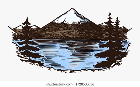 Mountain peaks, vintage rock, old highlands range. Hand drawn vector outdoor sketch in engraved style. Vector illustration for Hiking card, climbing banner, tattoo or label.