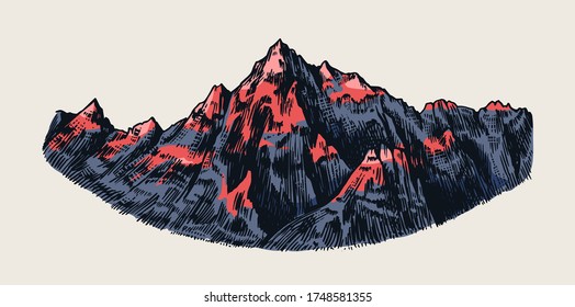 Mountain peaks, vintage rock, old highlands range. Chamonix-Mont-Blanc. Hand drawn vector Alps sketch in engraved style. Vector illustration for Hiking card, climbing banner, tattoo or label.