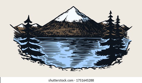 Mountain peaks, vintage rock, old highlands range. Hand drawn vector outdoor sketch in engraved style. Vector illustration for Hiking card, climbing banner, tattoo or label.