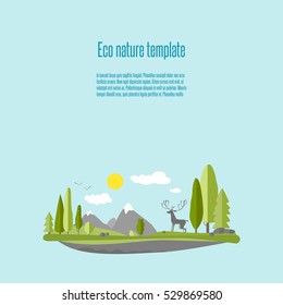 Montañas con nubes blancas y ciervos en el bosque sobre un fondo azul