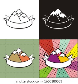 Mountain peaks wrapped in ribbon. Set of logos with mountains and ribbon for text. Black and white contour version, colored and mountains in pop art style. Vector illustration for creating a logo.