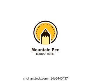 Mountain Pen logo design template. pen logo Vector illustration with background. Symbol graphic mountain icons, business. Modern linear labels, symbols, badges in circles