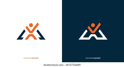 Mountain People Logo Design. Abstract Mountain and Leadership or Checkmark with Modern Style. Summit, Peak, Hill Logo, Icon, Symbol, Vector, Design Template.