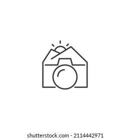 Mountain photography, camera with mountain. Vector icon logo template