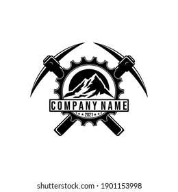 diseño de símbolo de la industria vintage del logotipo de montaña pickaxe vintage