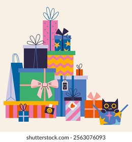 Mountain, pile of gifts. Festive, Christmas or Birthday presents package. Boxes and bags with decorations like ribbons and bows, wrapping. Trendy modern isolated vector illustration, hand drawn, flat