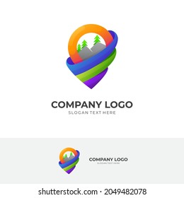 Mountain And Pin Location Logo Design Template With 3d Colorful Style