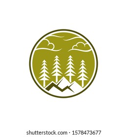 Mountain pine emblem logo design, pine forests logo, hill landscape logo vector, green nature symbol