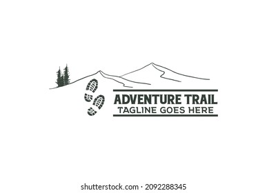 Mountain Pine Evergreen Spruce Conifer Fir Larch Cypress Tree with Shoe Print for Hiking Camp Adventure Logo Design