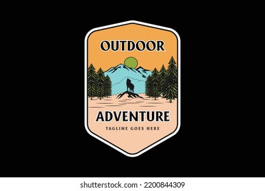 Mountain Pine Forest with Howling Wolf for Outdoor Adventure Badge Emblem Logo Design Vector