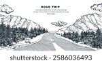Mountain pine forest landscape with highway road. Vector hand drawn sketch illustration. Outdoor adventures, travel in mountains. Nature environment background