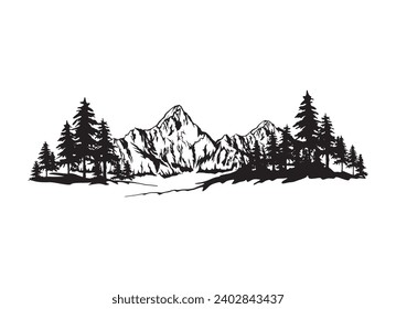 Mountain and pine forest landscape vector hand drawing. black and white colors.